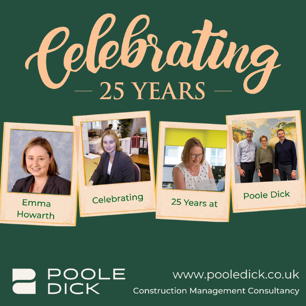 Emma Howarth celebrating 25 years at Poole Dick Construction Management Consultancy
